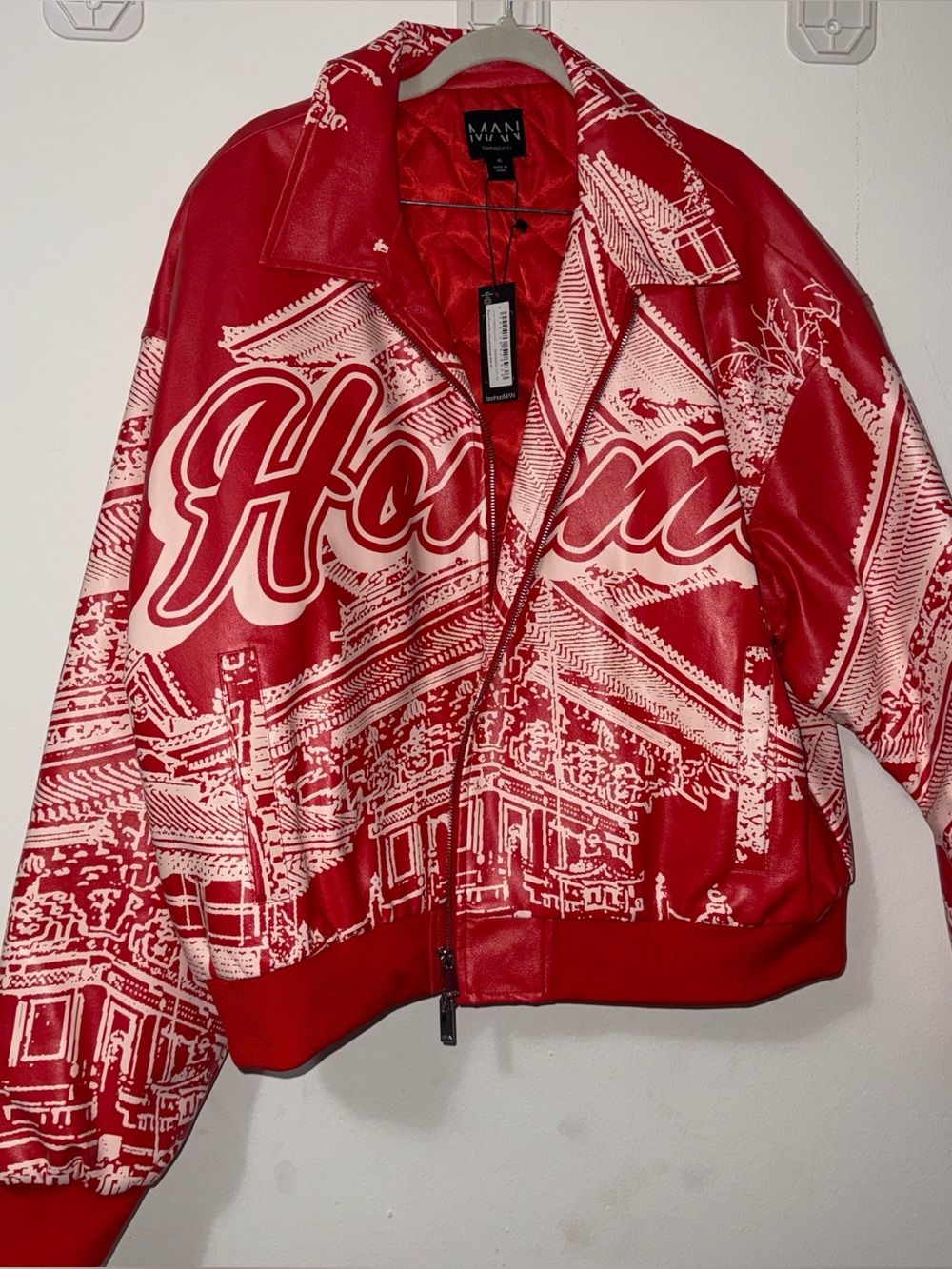 Red Graphic Bomber Jacket with 'Hoom' Script
